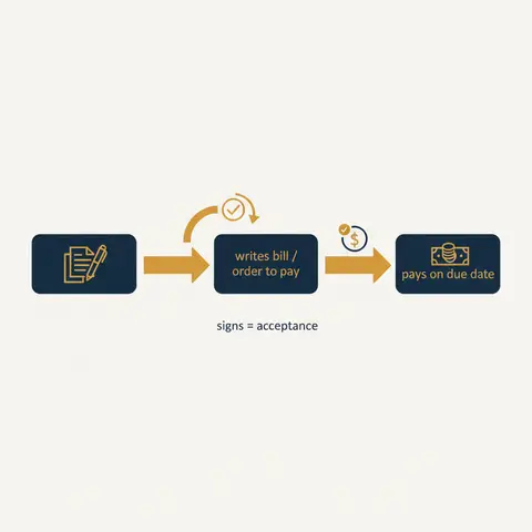 Diagram showing the three parties in a bill of exchange and how money and the document flow between them.