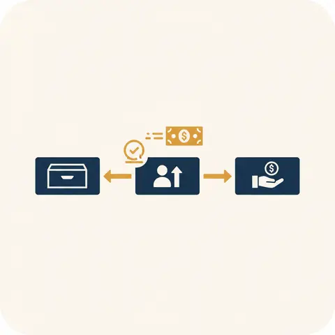 Diagram showing a bill being endorsed and passing from one business to the next through a supply chain.