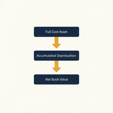 Diagram of a balance sheet showing asset cost minus accumulated depreciation equalling net book value.