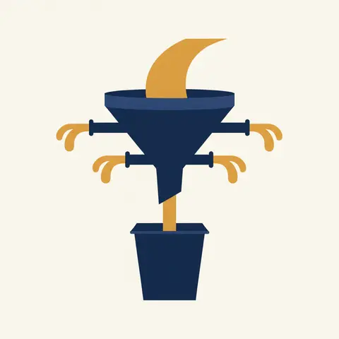 Funnel diagram showing gross profit at the top, indirect expenses draining out, and net profit flowing into the owner's capital.