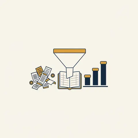Diagram showing raw business transactions flowing into a ledger and coming out as a clear profit chart