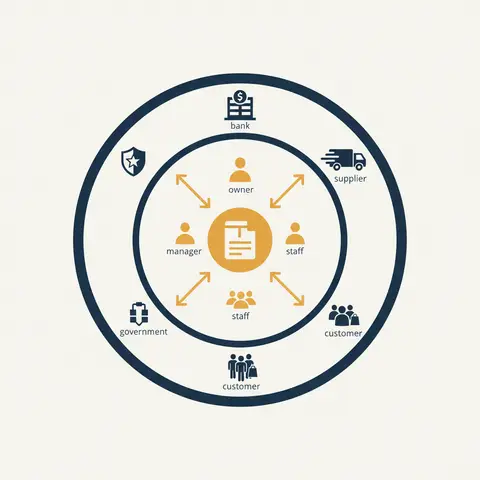 Concentric circles showing internal users (owner, manager, staff) in the centre and external users (bank, supplier, customer, government) in the outer ring, all connected to accounting records