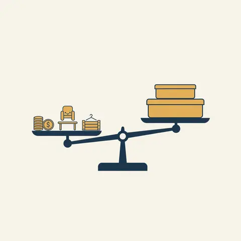 Balance scale with Assets on one side and Liabilities plus Capital on the other, perfectly balanced