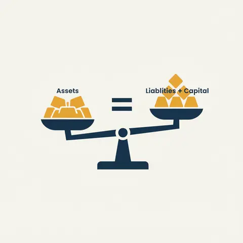 A balanced scale showing Assets on one side equal to Liabilities plus Capital on the other