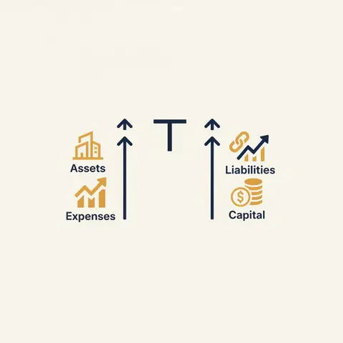 A T-account diagram showing which account types increase on the debit side and which increase on the credit side