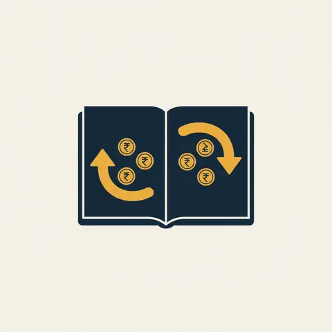 Diagram of a two-sided cash book with money flowing in on the left and out on the right