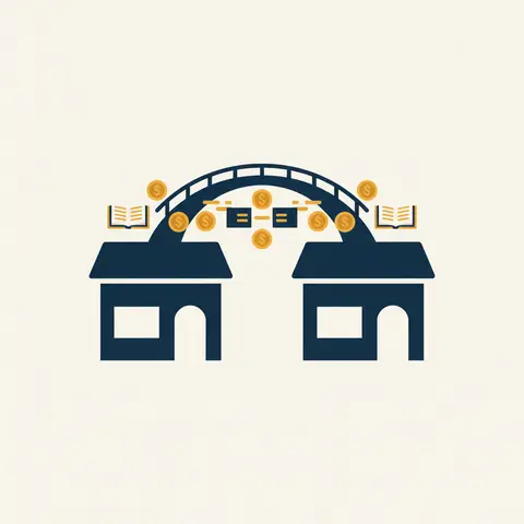Diagram showing two shops connected by a bridge representing shared accounting rules