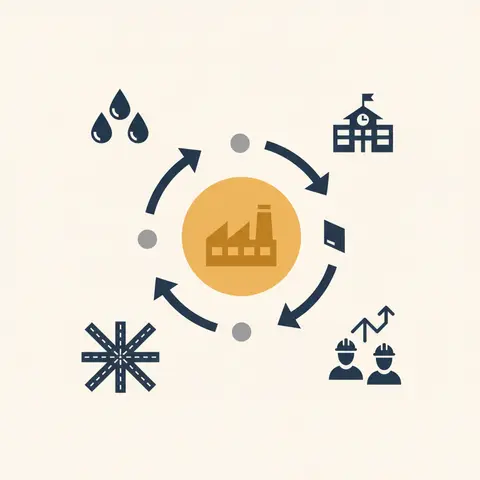 Diagram showing a factory at the centre exchanging resources and benefits with society around it.