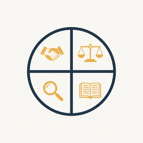 Circle divided into four quadrants illustrating the four pillars of business ethics.