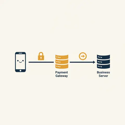 Flow diagram showing encrypted payment journey from mobile phone through gateway to business