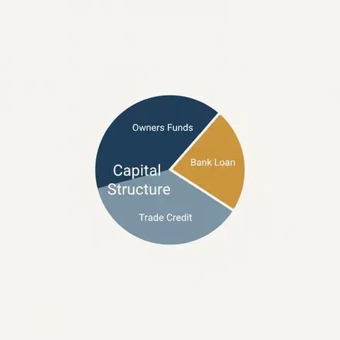 Pie chart showing a business capital structure split between owners funds, bank loans, and trade credit