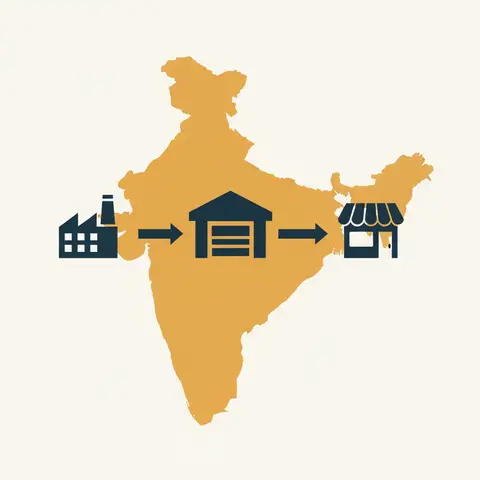 Diagram showing goods flowing from factory to warehouse to shop, all within India.
