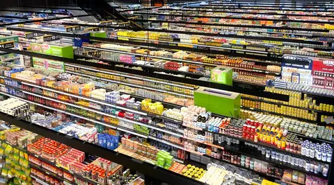 Wide supermarket aisle in India with products on shelves and a customer.