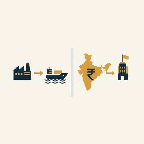 Side-by-side diagram comparing exporting (goods shipped from India) with FDI (capital invested abroad to own foreign assets).