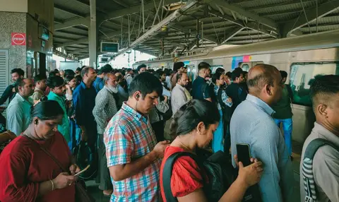 A busy Indian railway station platform with passengers waiting