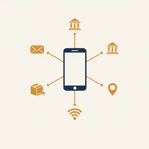 Diagram showing a smartphone at the centre connected to email, postal, internet, GPS tracking, and digital payment icons