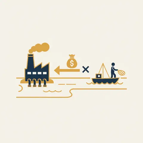 Diagram showing a factory polluting a river upstream while a fisher downstream suffers the cost but receives no compensation