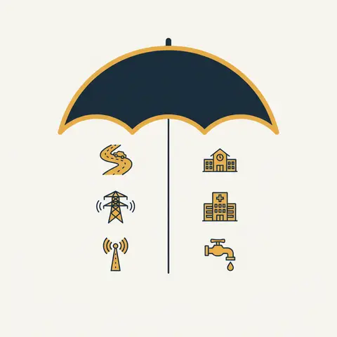 Diagram splitting infrastructure into economic (roads, power, telecom) and social (schools, hospitals, water) categories