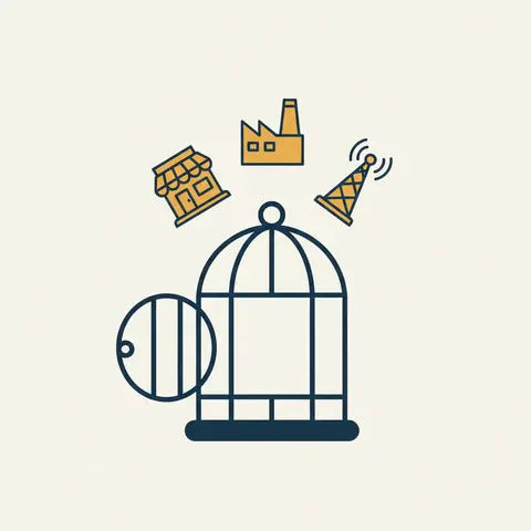 Diagram of an open cage with business symbols flying out, representing economic liberalisation