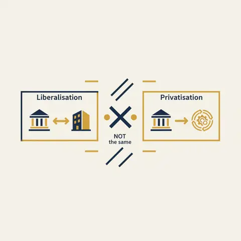 Side-by-side diagram distinguishing liberalisation (competition) from privatisation (ownership transfer)