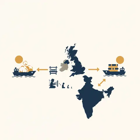 Diagram showing raw materials flowing from India to Britain and finished goods returning, squeezing Indian weavers out