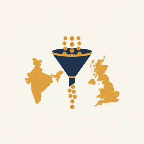 Funnel diagram showing wealth draining out of India to Britain through taxes and profit transfers