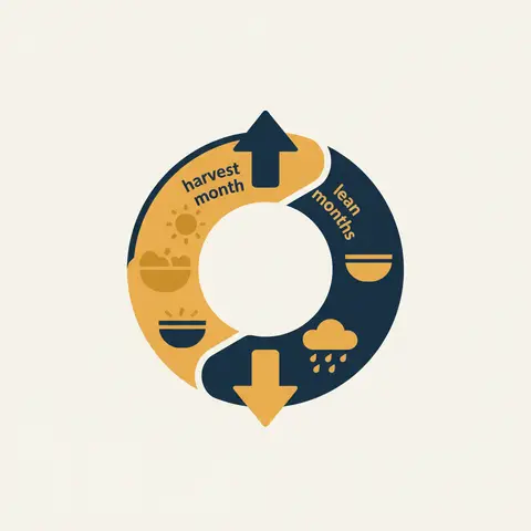 Circular diagram showing the seasonal income cycle of a rural farming family in India