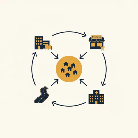 Diagram showing how rural development connects villages to schools, markets, roads, and hospitals in a reinforcing loop