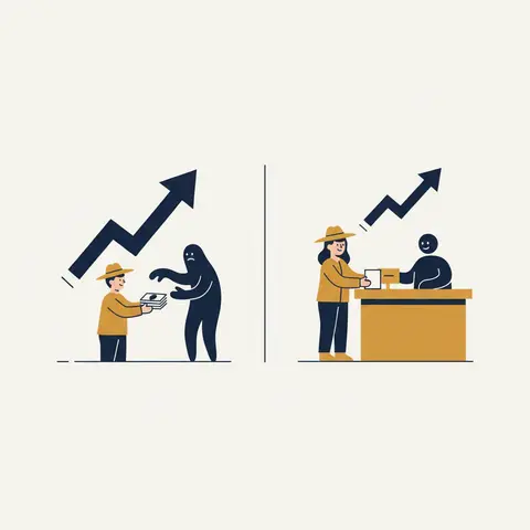 Comparison diagram showing high-interest moneylender versus low-interest bank loan for a farmer