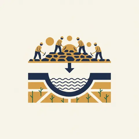 Diagram showing MGNREGA workers building a check dam that benefits farm fields in future seasons
