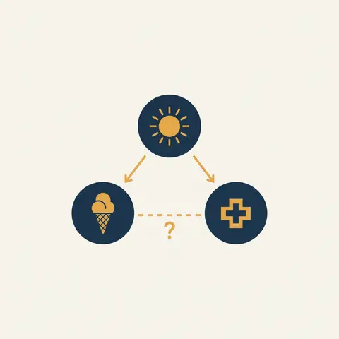 Diagram showing hot weather (sun) driving both ice cream sales and heatstroke cases, with a question-mark dashed line between ice cream and heatstroke to show there is no causal link