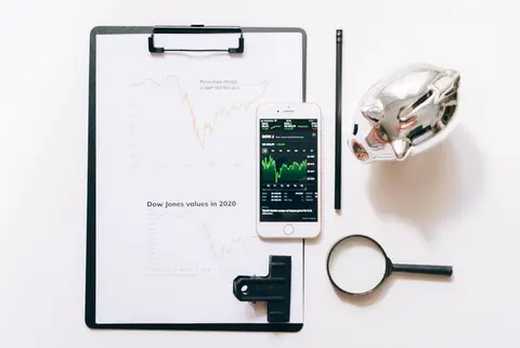 Side by side view of a bank branch and a stock market graph representing two investment options