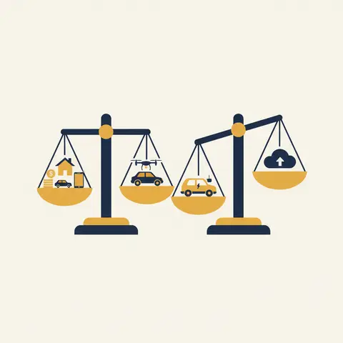 Two balance scales side by side comparing base-year and current-year consumption baskets