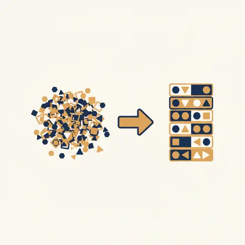 Diagram showing random numbers on the left turning into organised grouped boxes on the right.