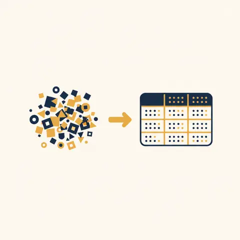 Raw numbers on the left transforming into a neat table on the right