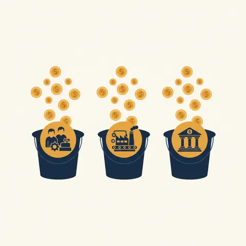 Three labelled buckets representing operating, investing, and financing cash activities