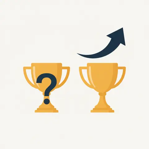 Two trophies side by side — one alone looks meaningless, the other gains meaning when shown in context with a rising arrow.