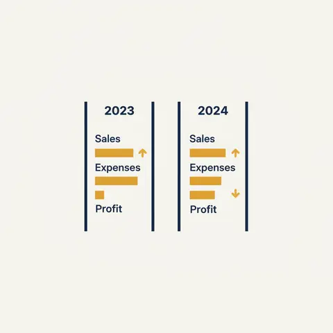 A two-column comparison table with arrows showing increases and decreases between two financial years.