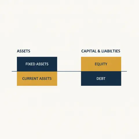 A balance sheet split into two percentage-band columns — assets on the left, liabilities and equity on the right.