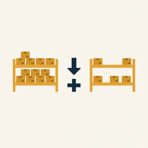 Diagram comparing a fuller opening stock shelf with a nearly empty closing stock shelf, illustrating inventory decrease increasing expenses
