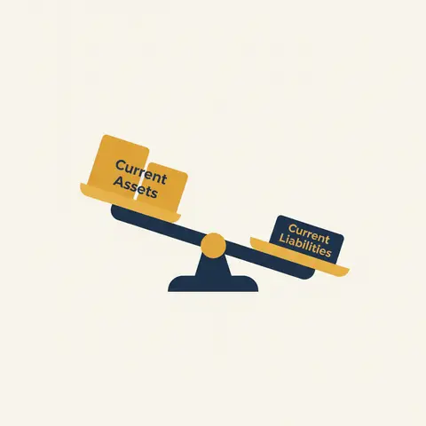 Balance scale showing current assets outweighing current liabilities in a healthy 2:1 ratio