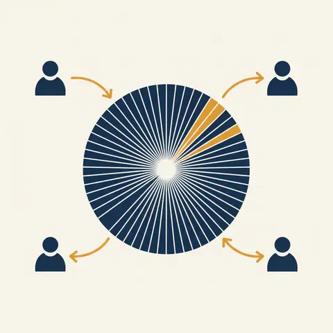 Circle diagram showing a company divided into many equal share slices held by different investors