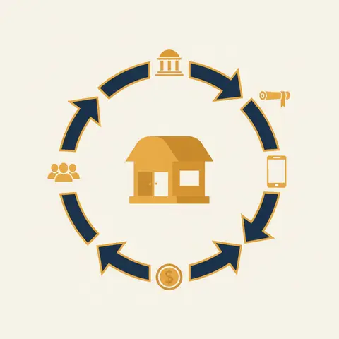 Diagram showing a business at the centre with five external forces pointing toward it