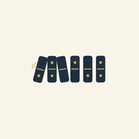 Five dominos labelled PESTLE falling in sequence to show how one force triggers all others