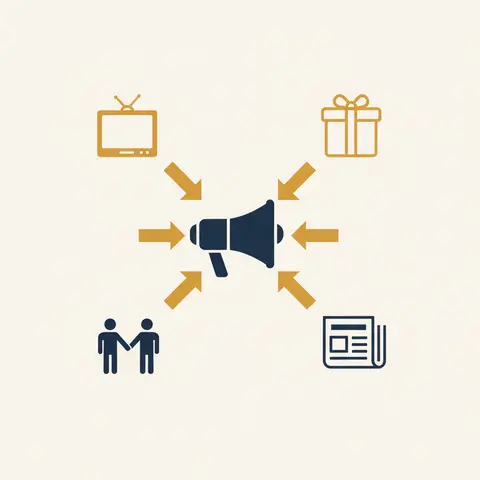 Diagram showing a megaphone at the centre branching into the four tools of promotion.