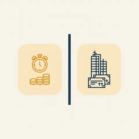 Diagram comparing money market (short-term) and capital market (long-term) with icons for each.