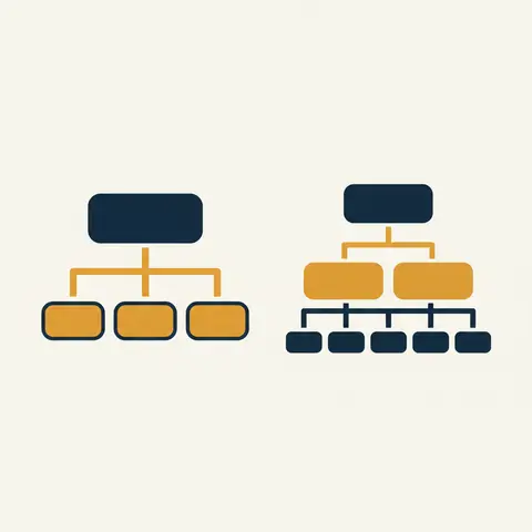 Side-by-side diagram comparing functional structure grouped by role with divisional structure grouped by product