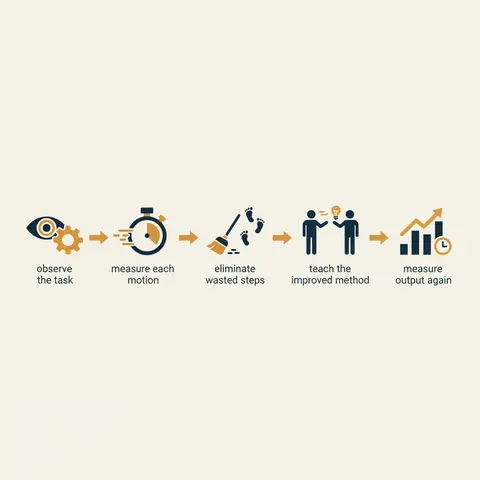 Diagram of the time-and-motion study cycle from observation to improved output