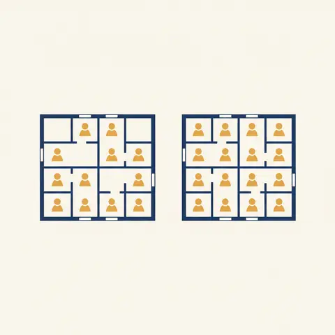 Diagram showing an empty org structure being filled with people icons through staffing.