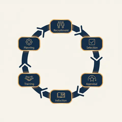 Circular loop diagram showing the six steps of the staffing cycle repeating continuously.